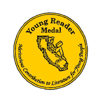 Young Reader Medal - an image of a man resting on the arc of california and reading a book
